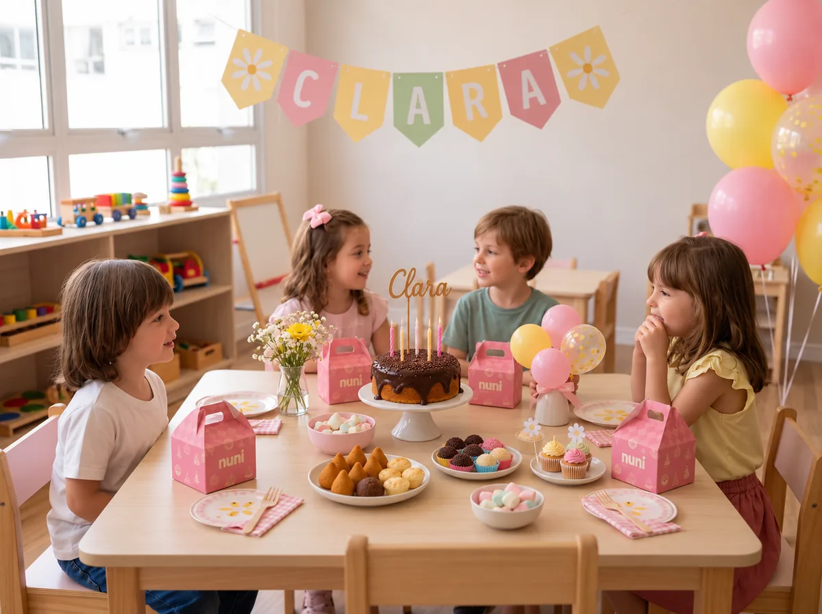 Crianças em volta da mesa de aniversário na sala de aula, com bolo e caixinhas rosa da Nuni